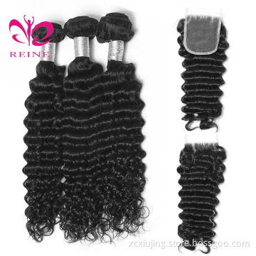 REINE Wholesale Raw Indian  Hair Deep Wave Indian Hair Bundles With Closure